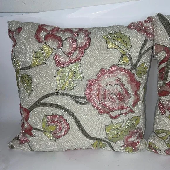 PRIMROSE VINTAGE Set of 2 Floral Pink Rose Beaded 12” Throw Decorative Pillows - Picture 5 of 15